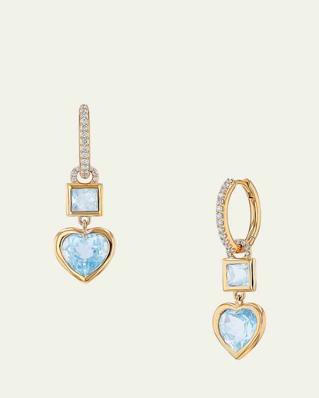 14K Princess and Heart Aquamarine Drop Earrings with Diamond Pave